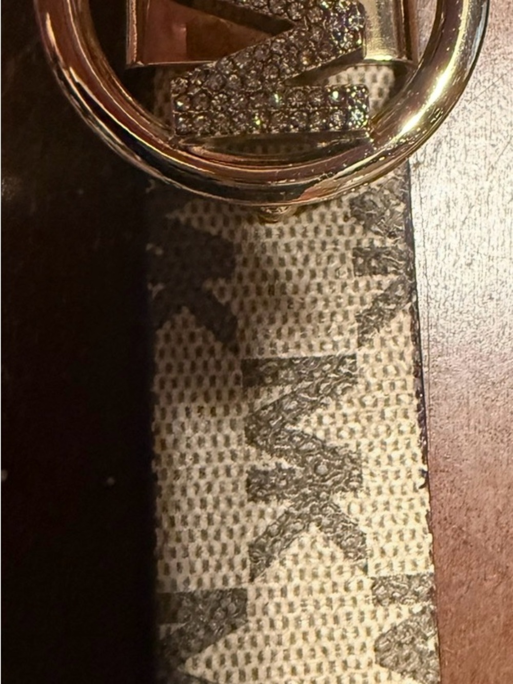 Michael Kors Gold Crystal-Embellished MK Buckle Beige Logo Canvas Belt